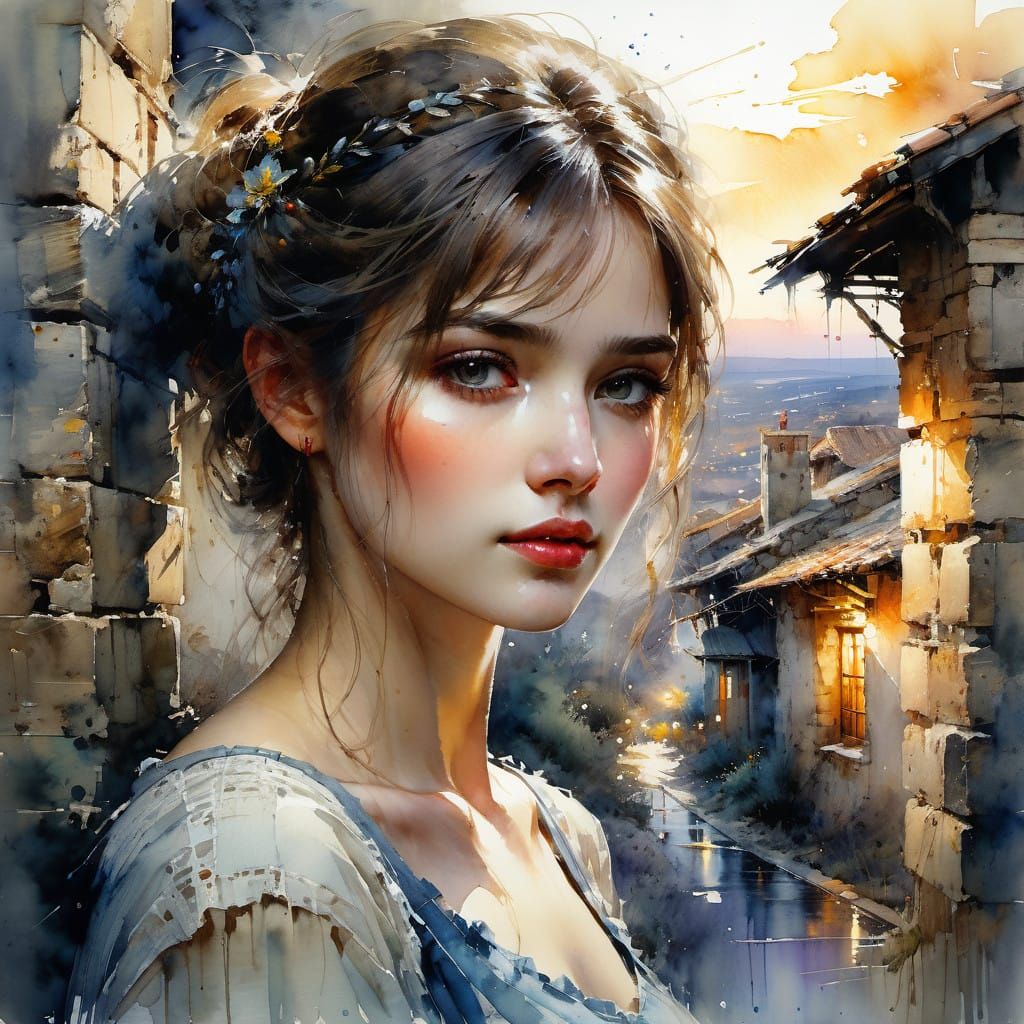 Enchanting Watercolor Portrait of a Beautiful Woman Amidst R...