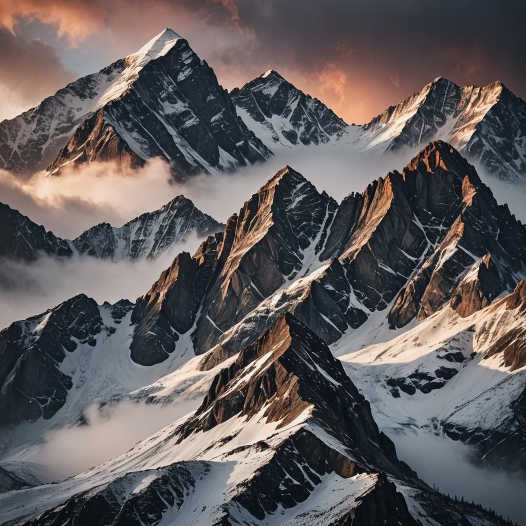 Dramatic Mountain Peaks Under Stormy Sunset Sky