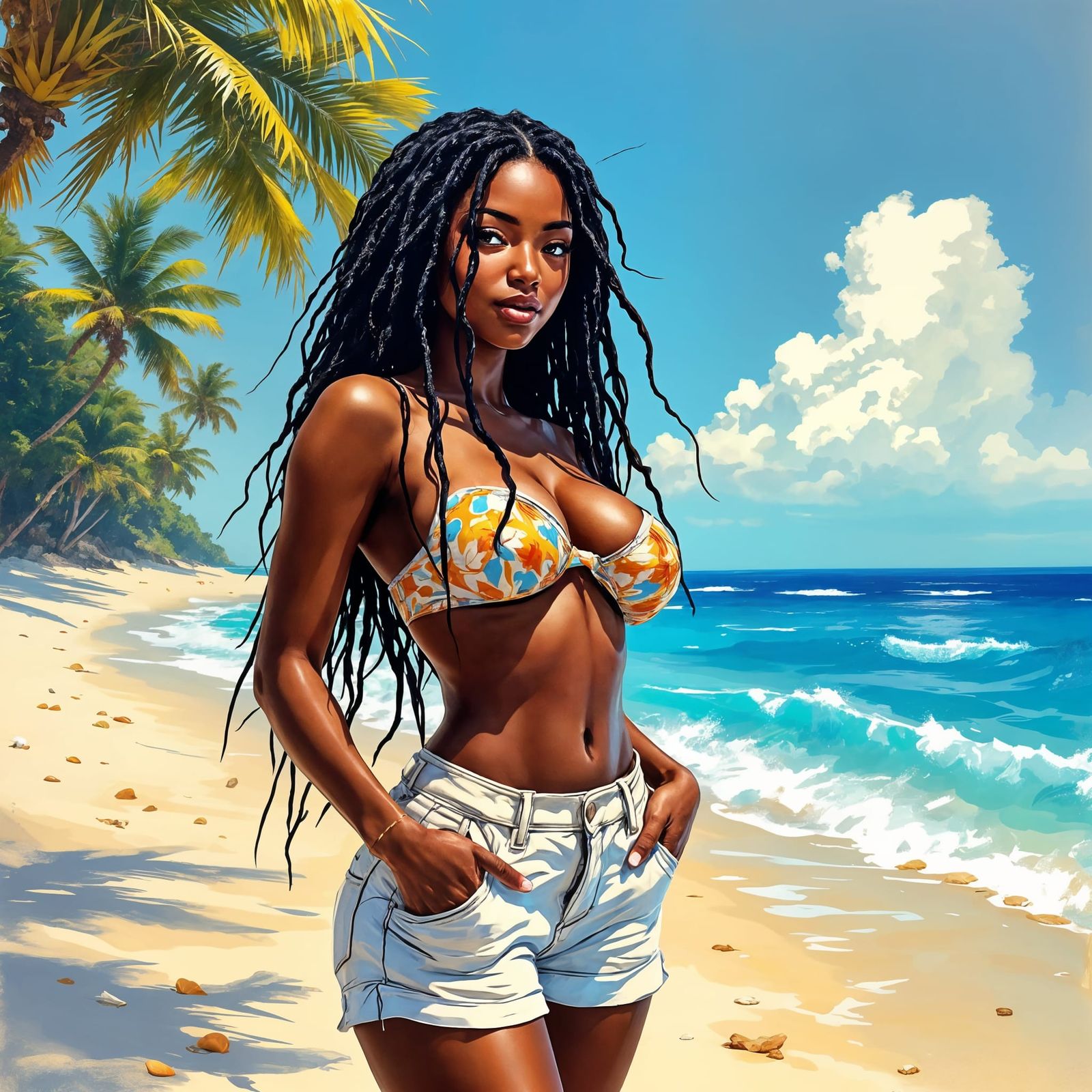 Ebony Beauty on the Beach in Impressionistic Style