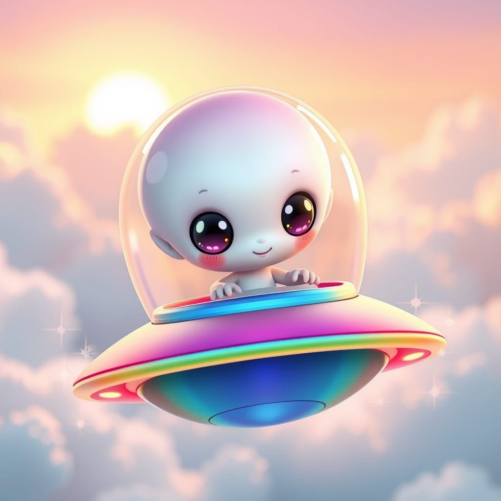 Adorable Alien Piloting UFO in Cute Chibi Style