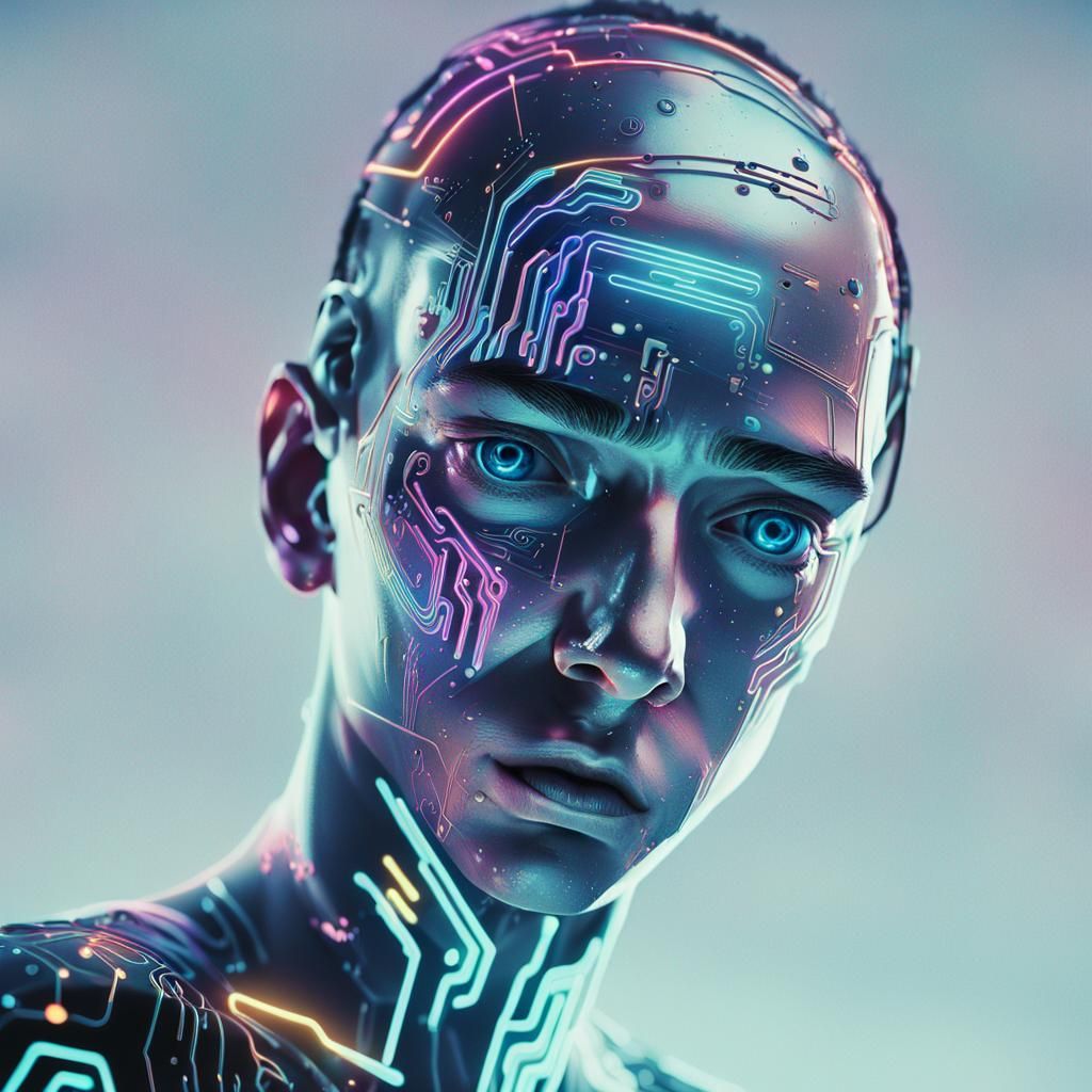 Hallucinatory Cyberpunk Vision with Glowing Neon Circuitry