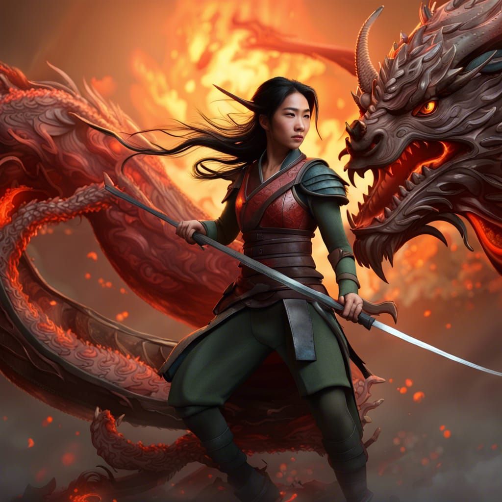 Mulan and Dragon in Dystopian Battlefield, Hyperrealism
