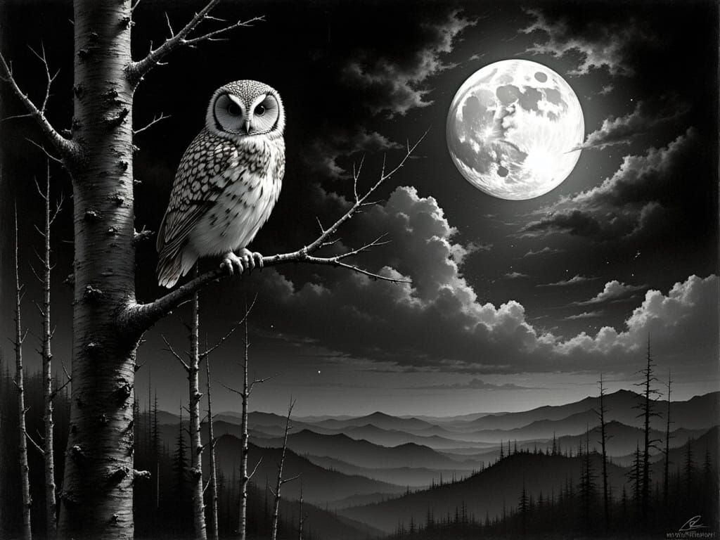 Owl on Birch Branch in Dramatic Black and White