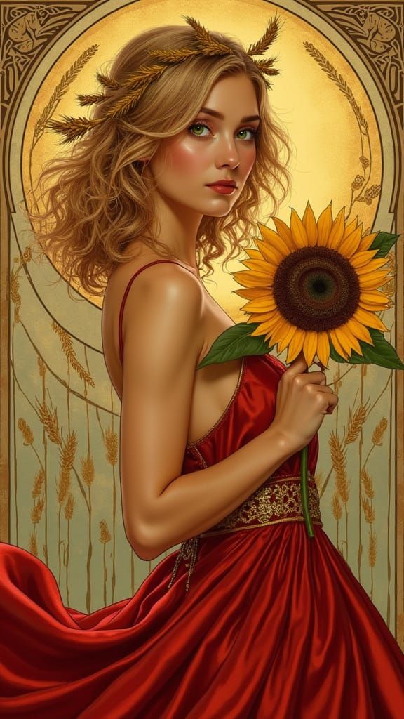 Golden Summer Goddess in Art Nouveau Style