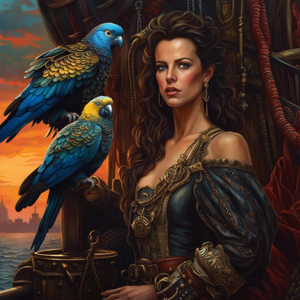 Kate Beckinsale as Pirate on Ship at Sunset