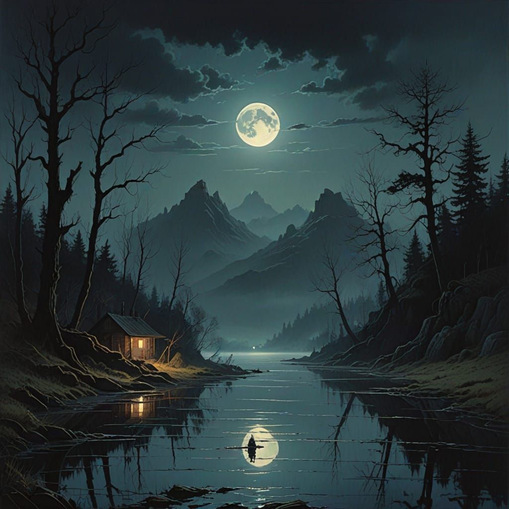 Mystical Moonlit Landscape with Serene Lake and Whispers of ...