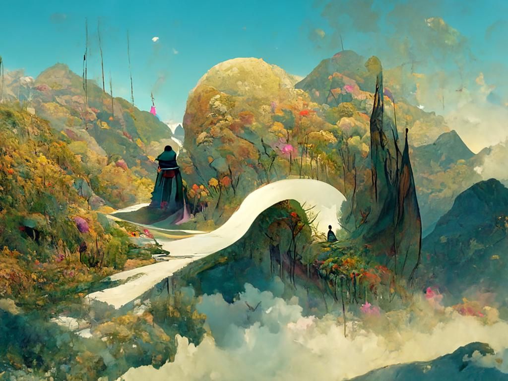 Enchanting Lake Path Through Hills: Digital Illustration
