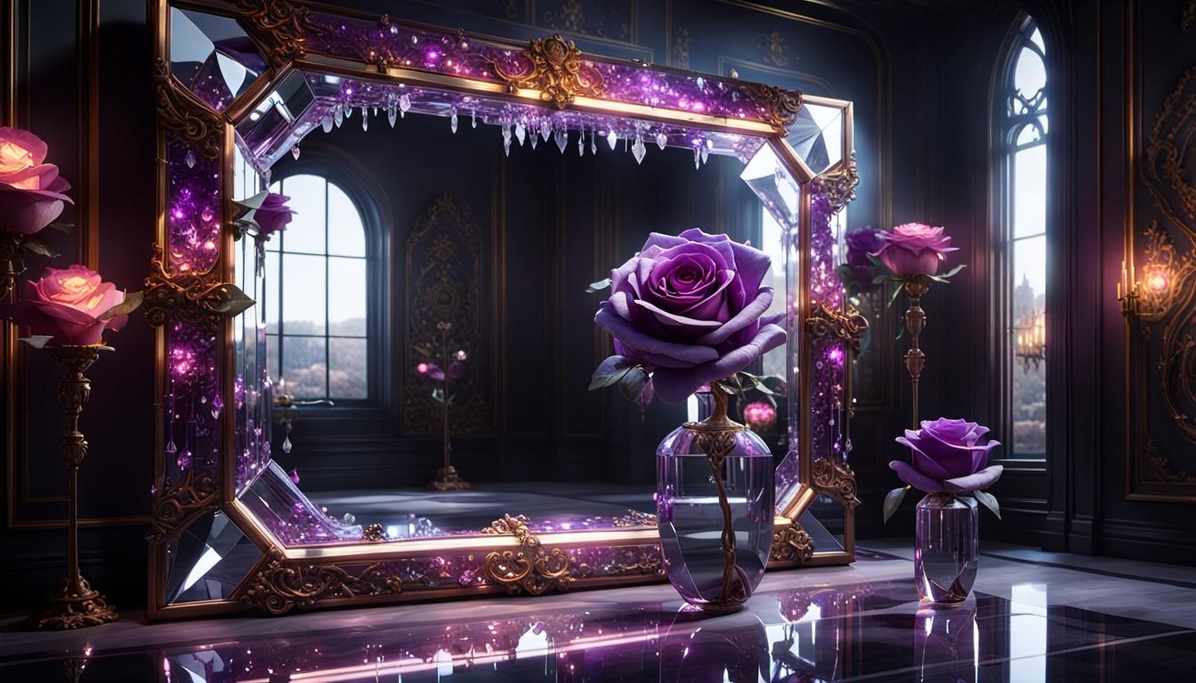 Crystal Rose Reflected in Modern Mirror, Detailed Art