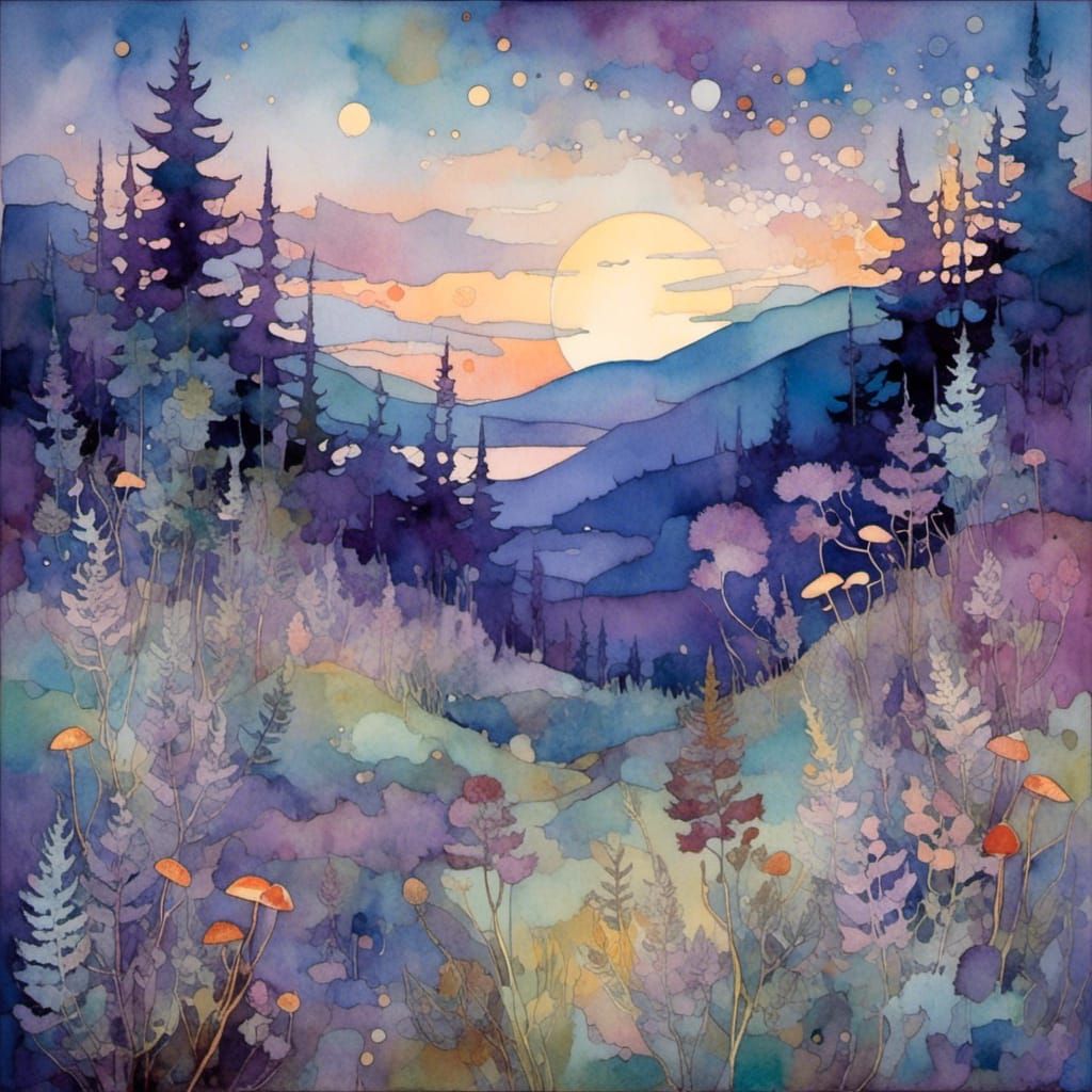 Twilight Forest with Glowing Flora and Fauna