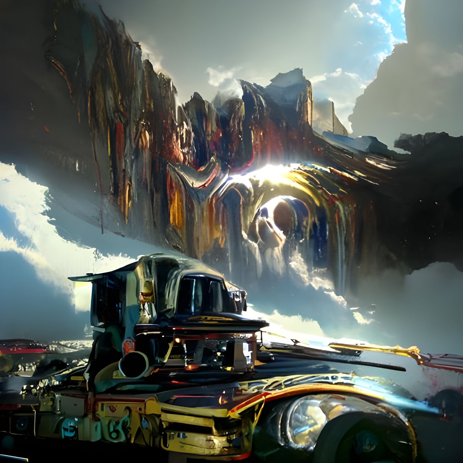 Epic Steampunk Mountain in Astral Oil Painting