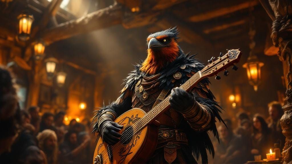 Proud Robin Kenku Bard in Painterly Digital Realism