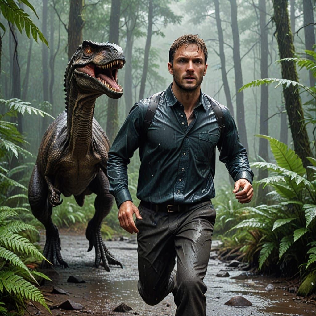 Man Runs From Velociraptor in Volcanic Rainforest