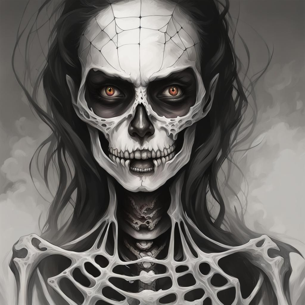 Spider Tattooed Skeleton Portrait in Surrealist Style