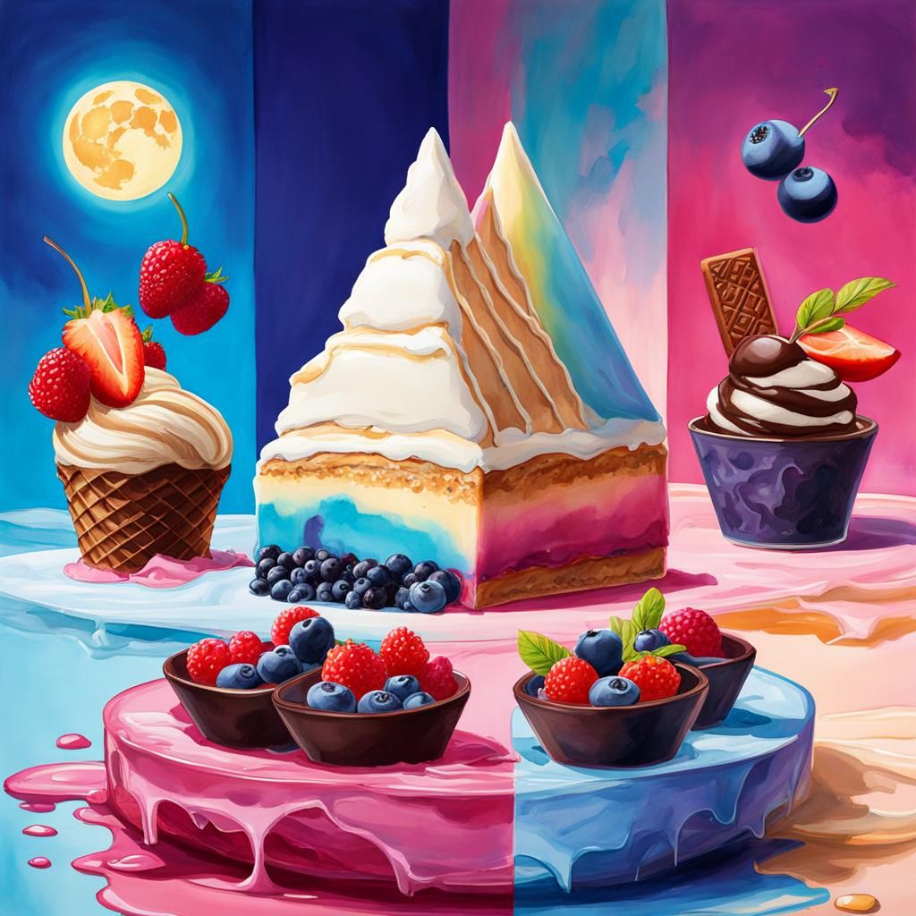 Mille-feuille River with Blueberry Ice Cream: Watercolor Art