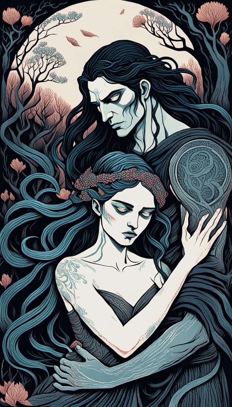 Hades and Persephone Embrace: Woodcut Gouache Illustration