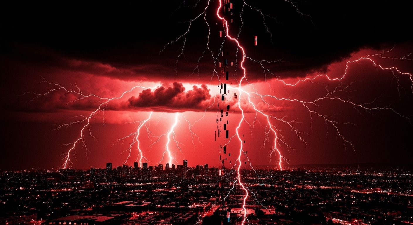 Digital Glitch Stormy Cityscape with Red Lightning