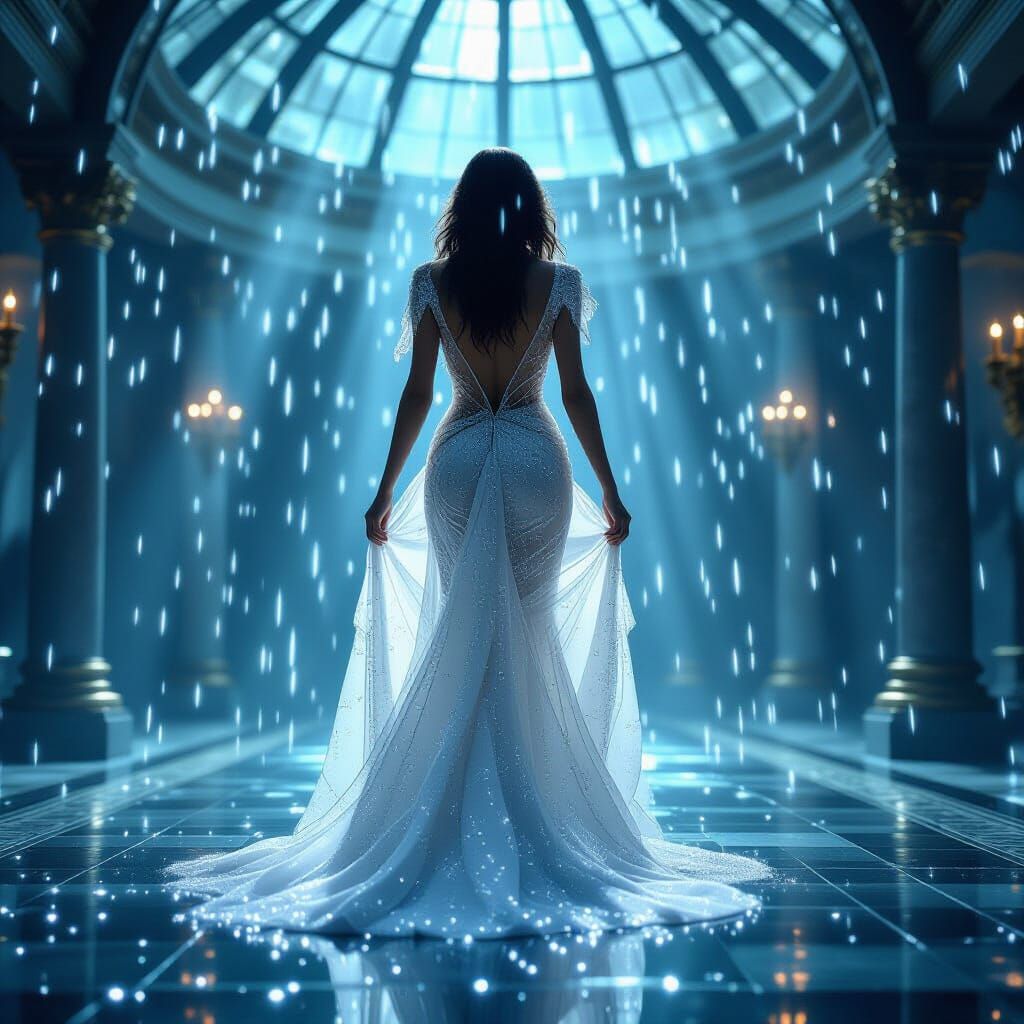 She walks through a rain of light beneath a glass dome, her sheer rhinestone dress dripping with crystal droplets. Spotl...
