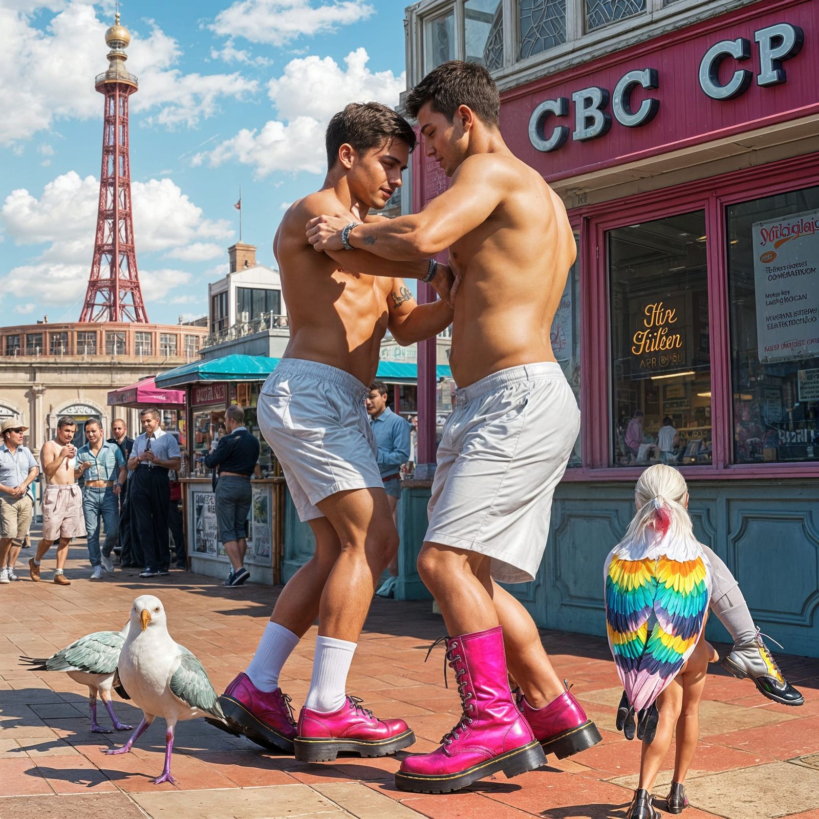 Rainbow Seagulls Watch Shirtless Men Tango in Blackpool