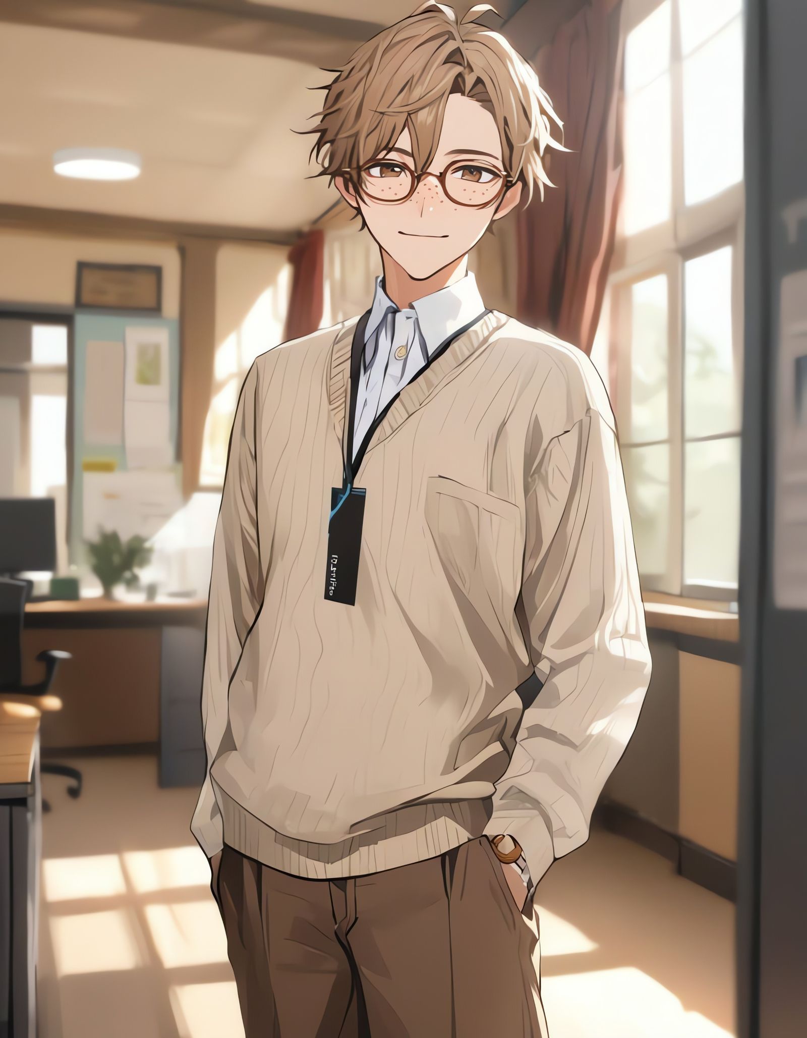 Bishounen in Office, Wearing Glasses and Sweater