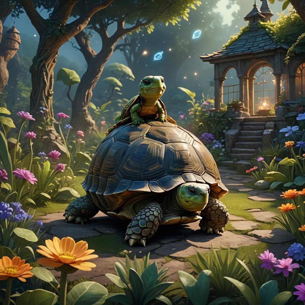 Tortoise Tilly Wishes in Glowing Garden, Detailed Matte Pain...