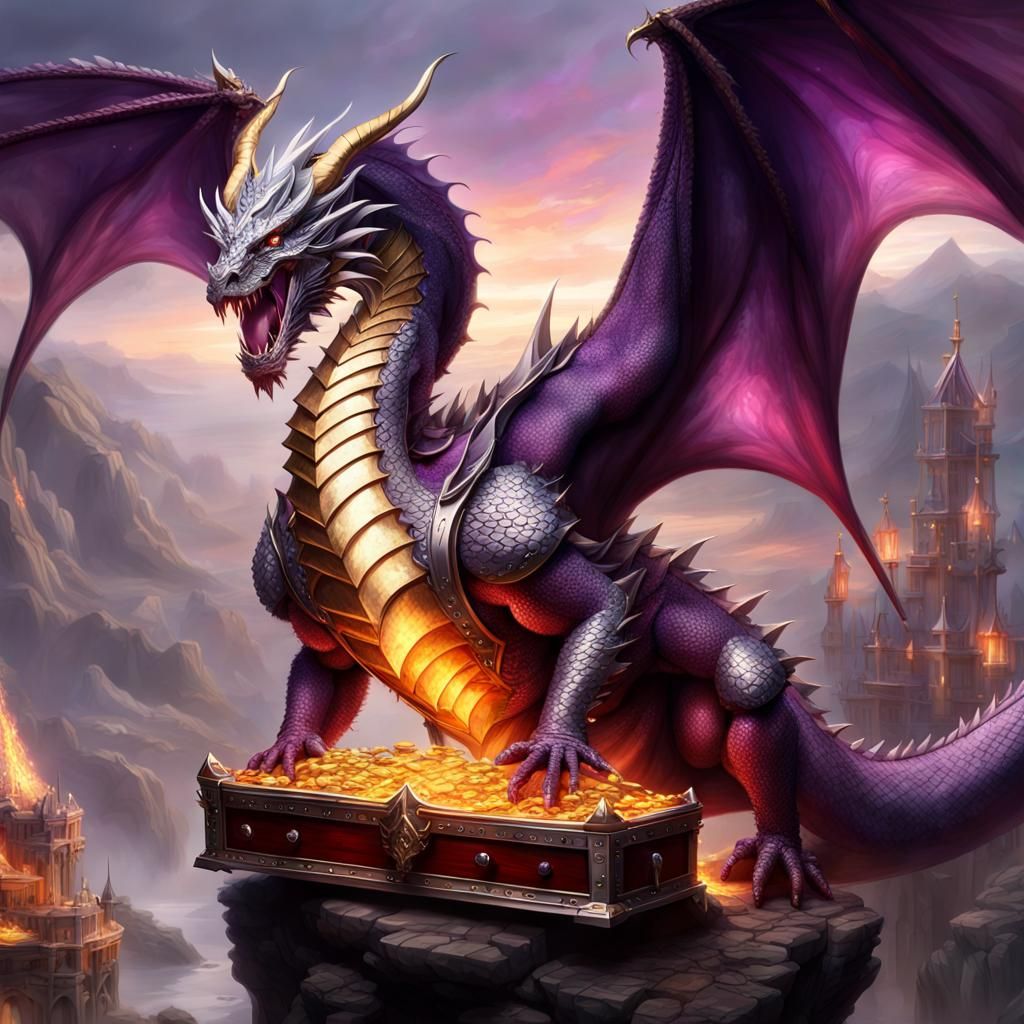 Purple Dragon Guarding Treasure from Knight