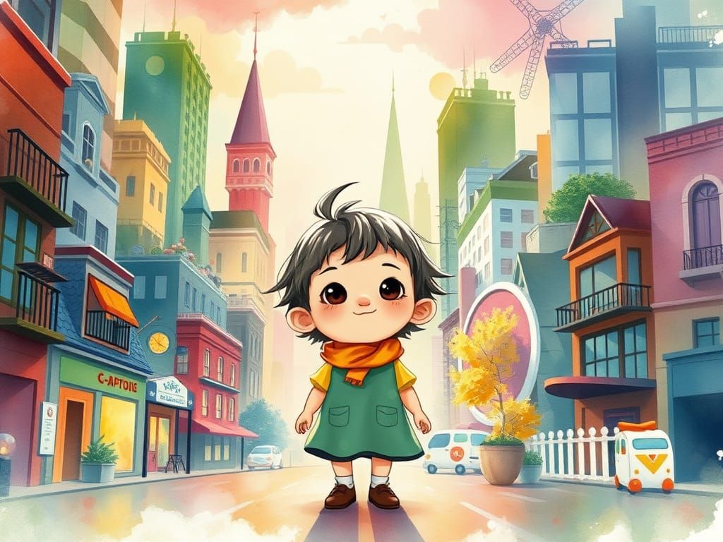 Whimsical Child in Kidcore Watercolor Cityscape