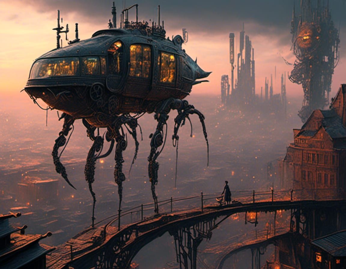 Robot Alien and Cyberpunk Cat in Blade Runner Landscape