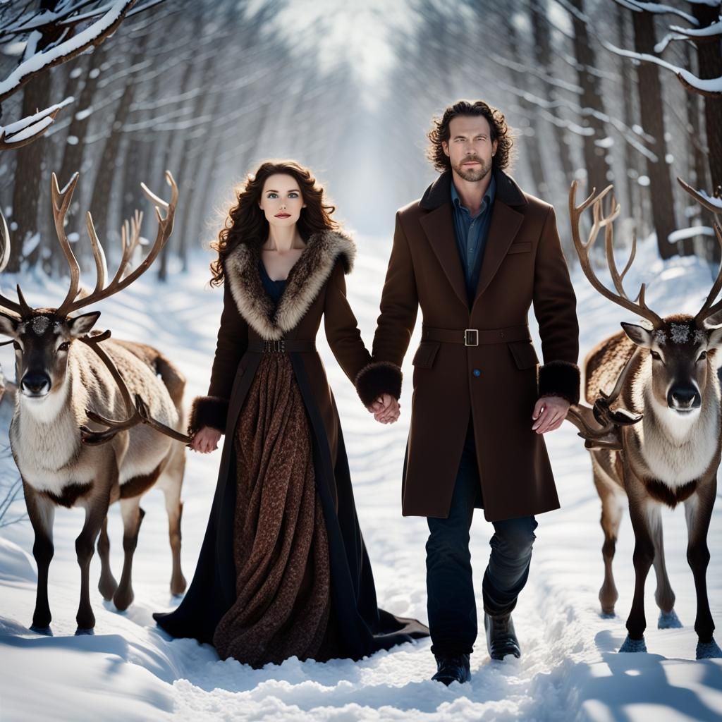 Winter Forest Couple with Sleigh: Fantasy Art