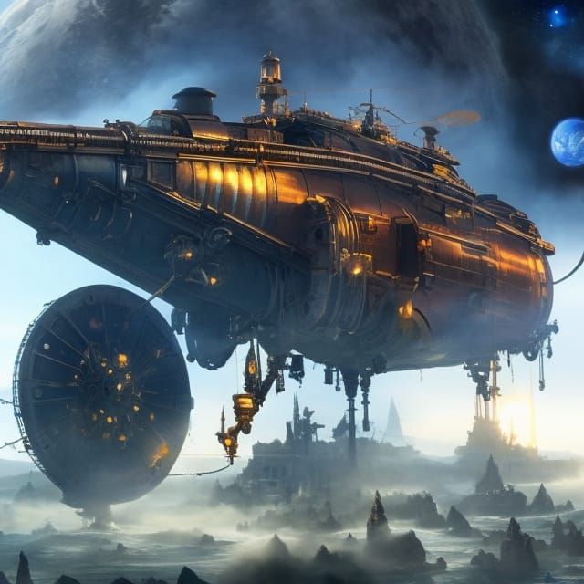 Steampunk Whale with Discworld Earth in Space