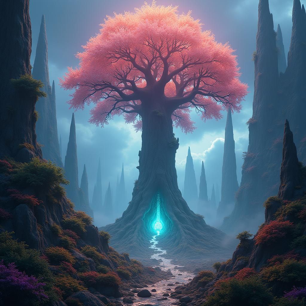 Mystical Glowing Tree in a Vibrant Fantasy Realm