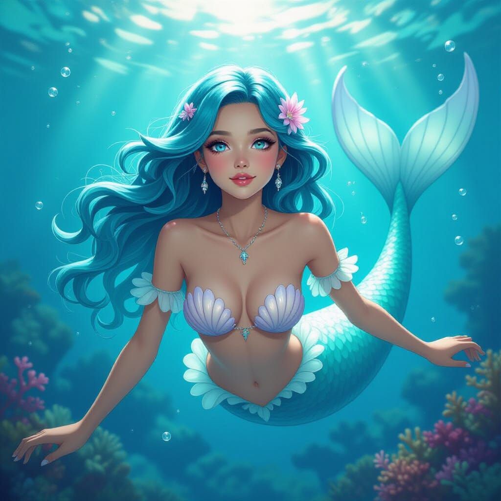 Turquoise Mermaid in Sunlit Ocean Depths