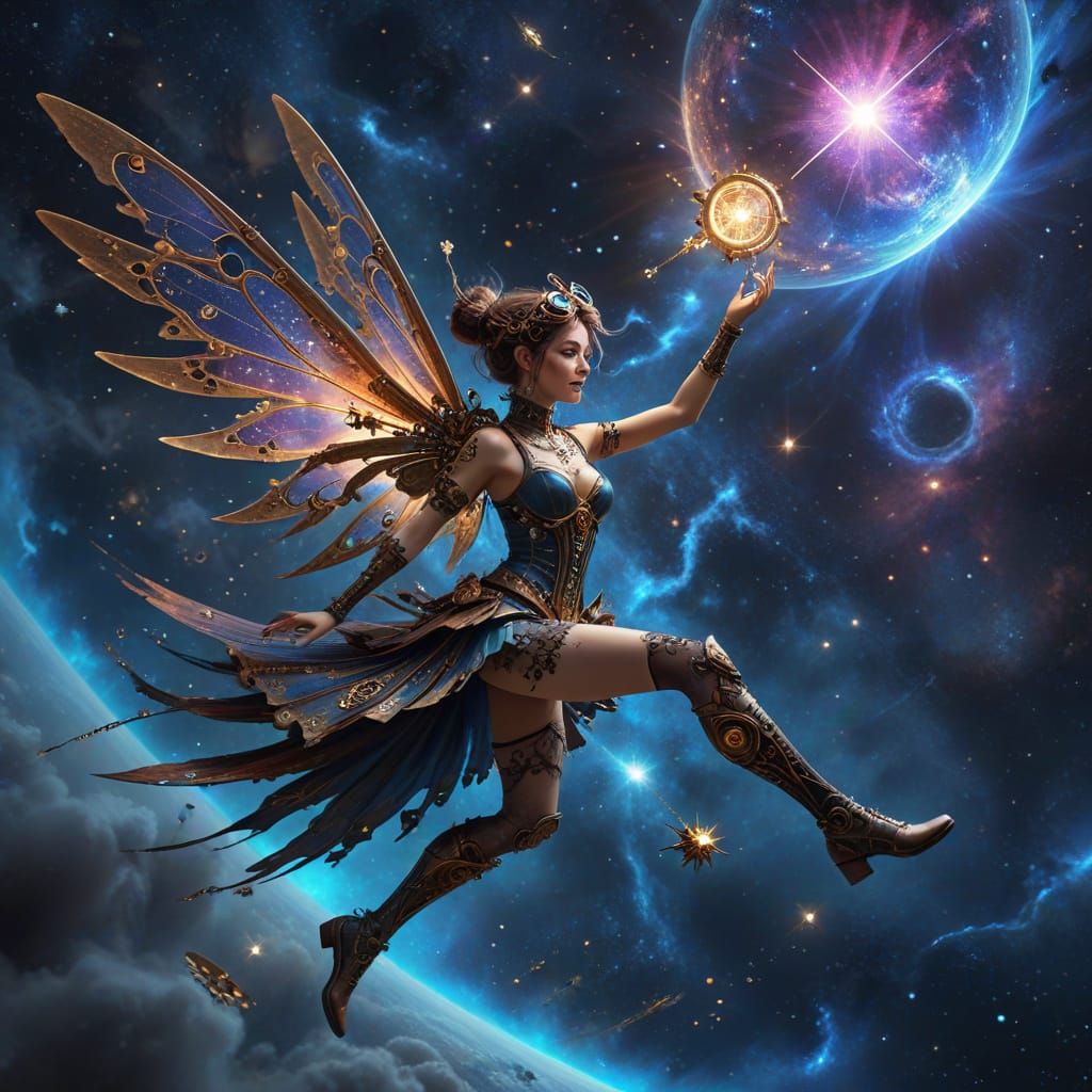 Steampunk Fairy Flight Through Nebula: Digital Art