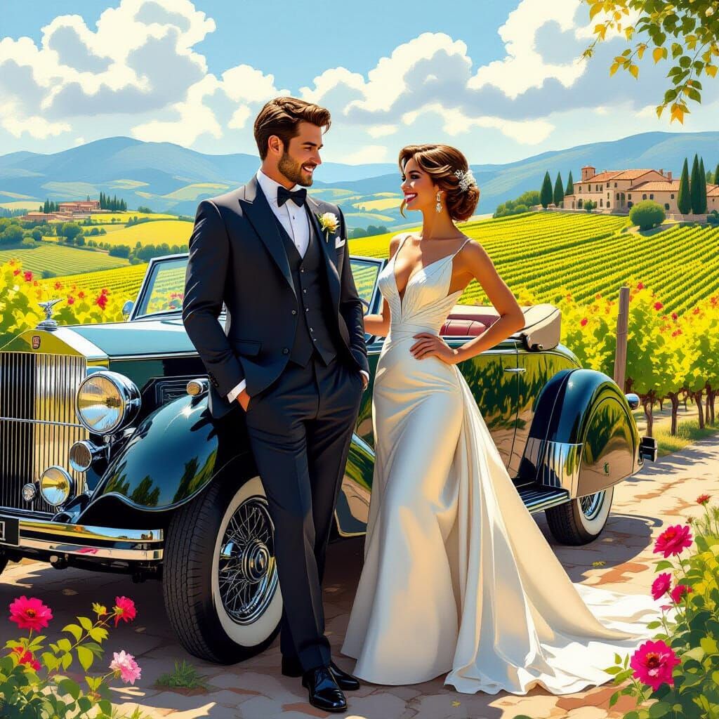 Elegant Couple with Vintage Car in Italian Countryside