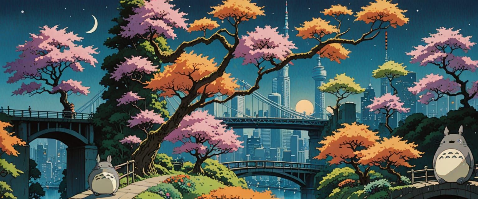 Totoro Overlooking Tokyo in Watercolor Comic Style