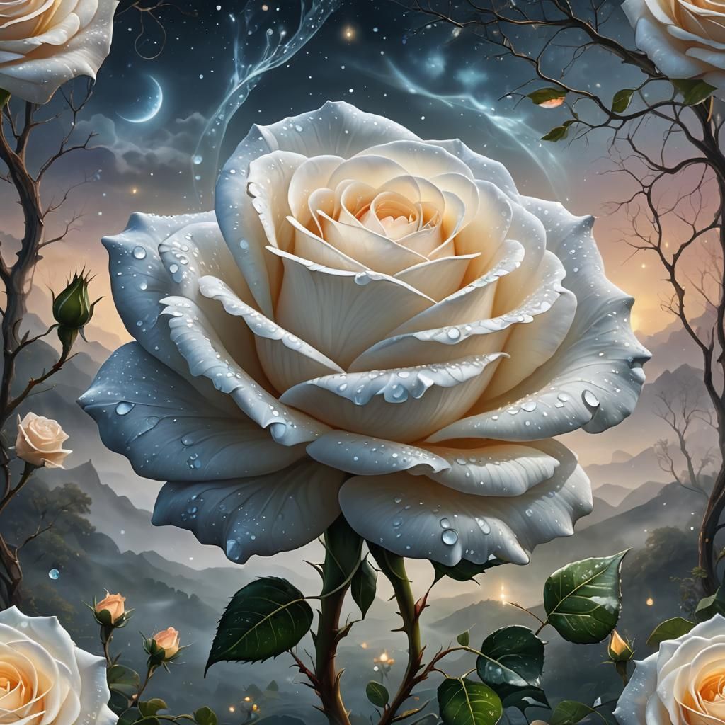Dreamlike White Rose in Fantasy Landscape