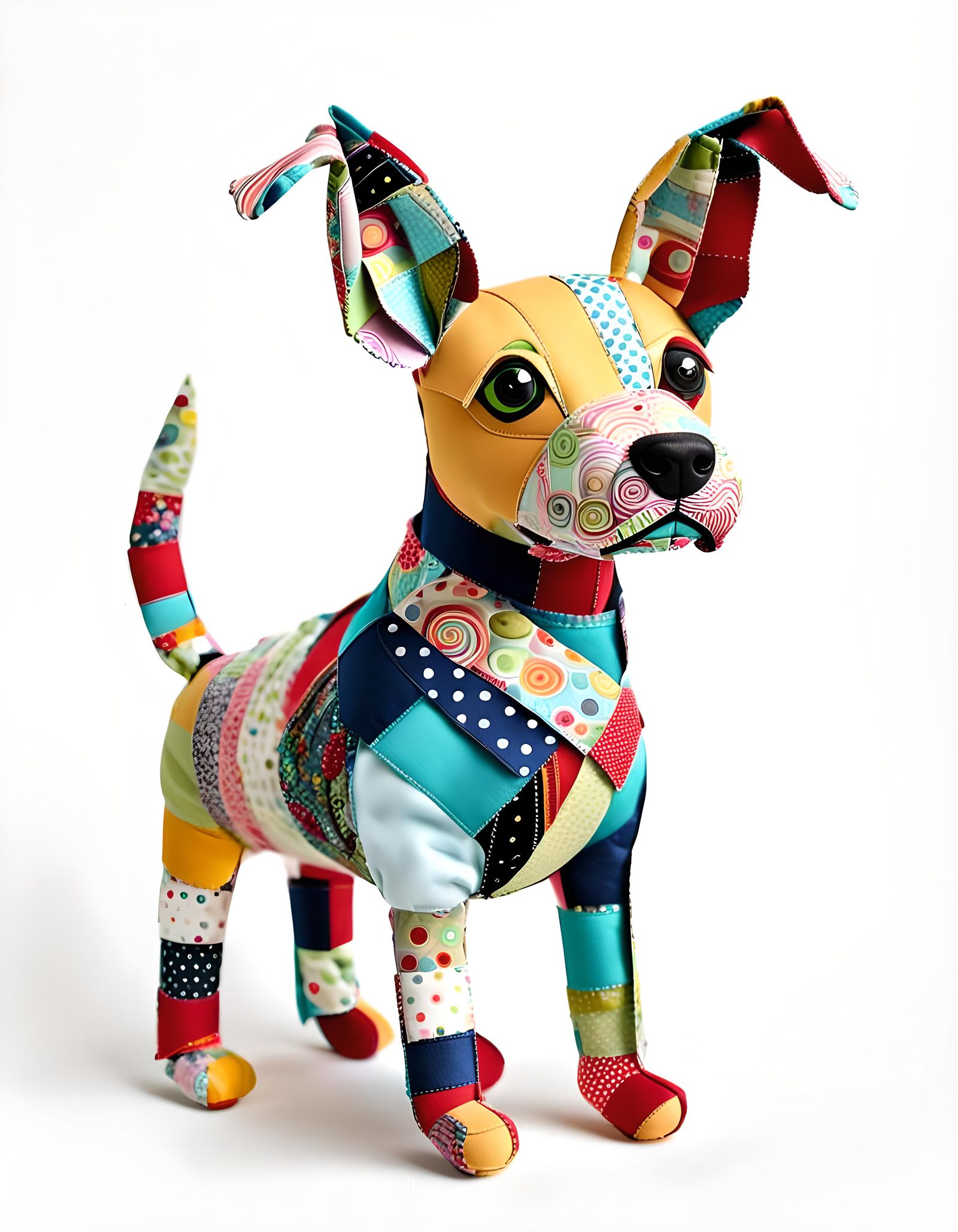 Whimsical Fabric Scrap Dog on White Fabric