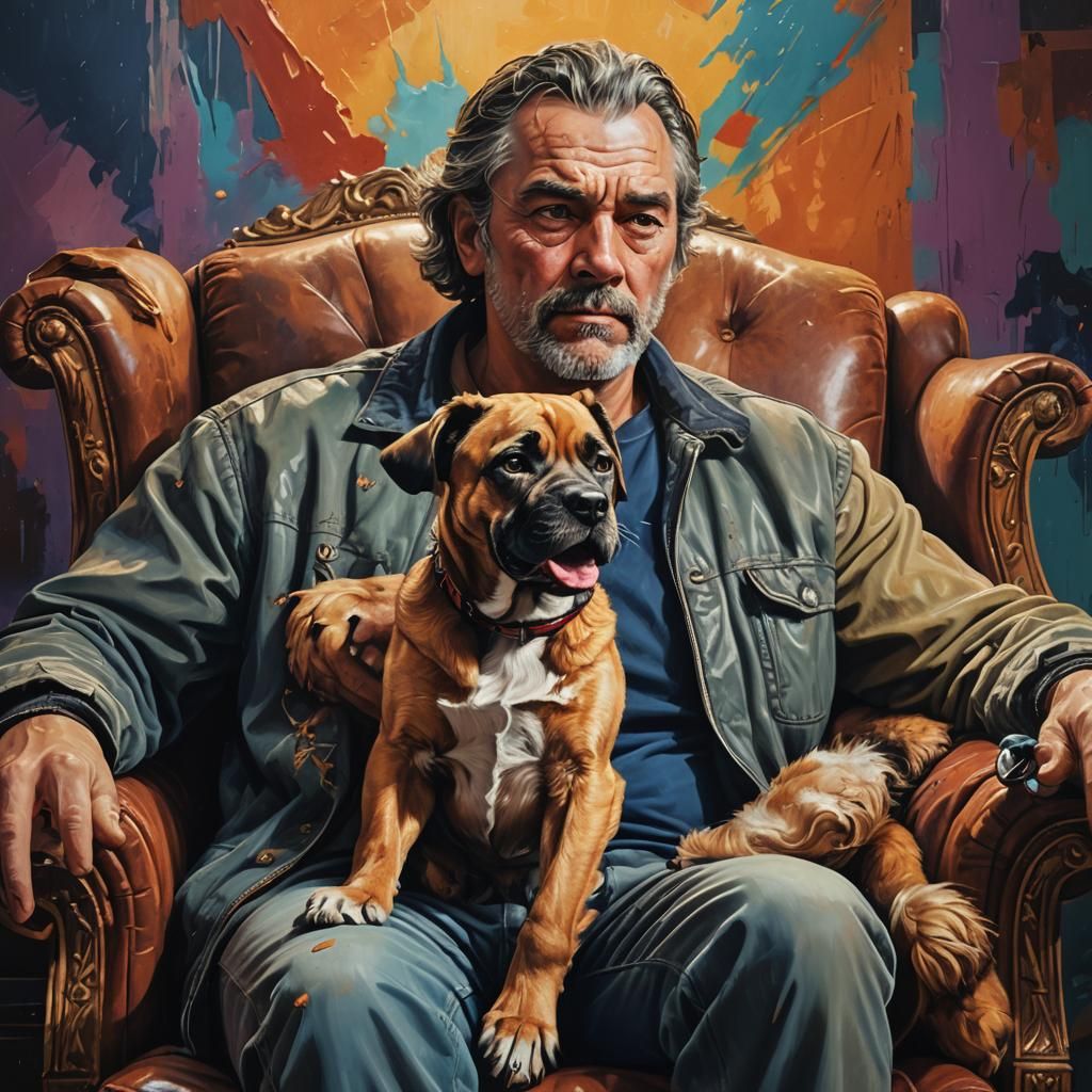 Man and Dog in Armchair: Hyperrealistic Concept Art