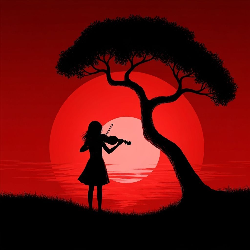 Girl Playing Violin Under Red Sun, Silhouette Style