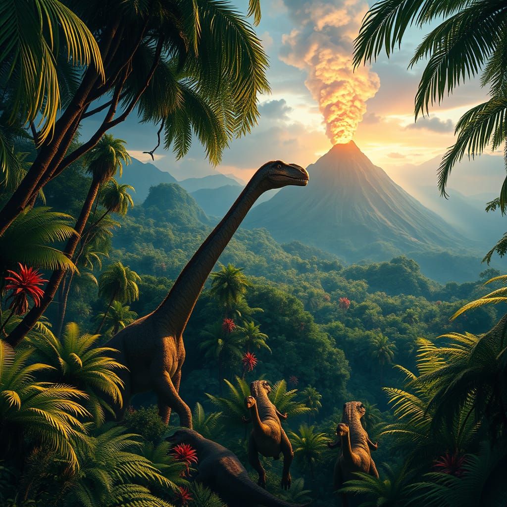 Vibrant Jurassic Rainforest with Dinosaurs and Volcano