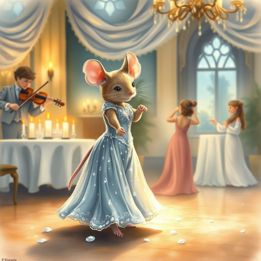 Elegant Mouse Waltzes in Candlelit Ballroom, Watercolor Styl...