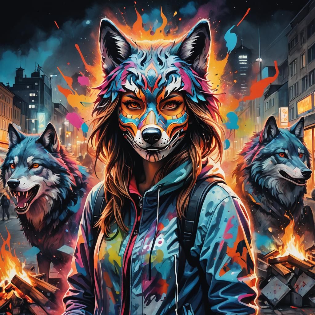 Wolf Masked Woman in Fluorescent Berlin Night