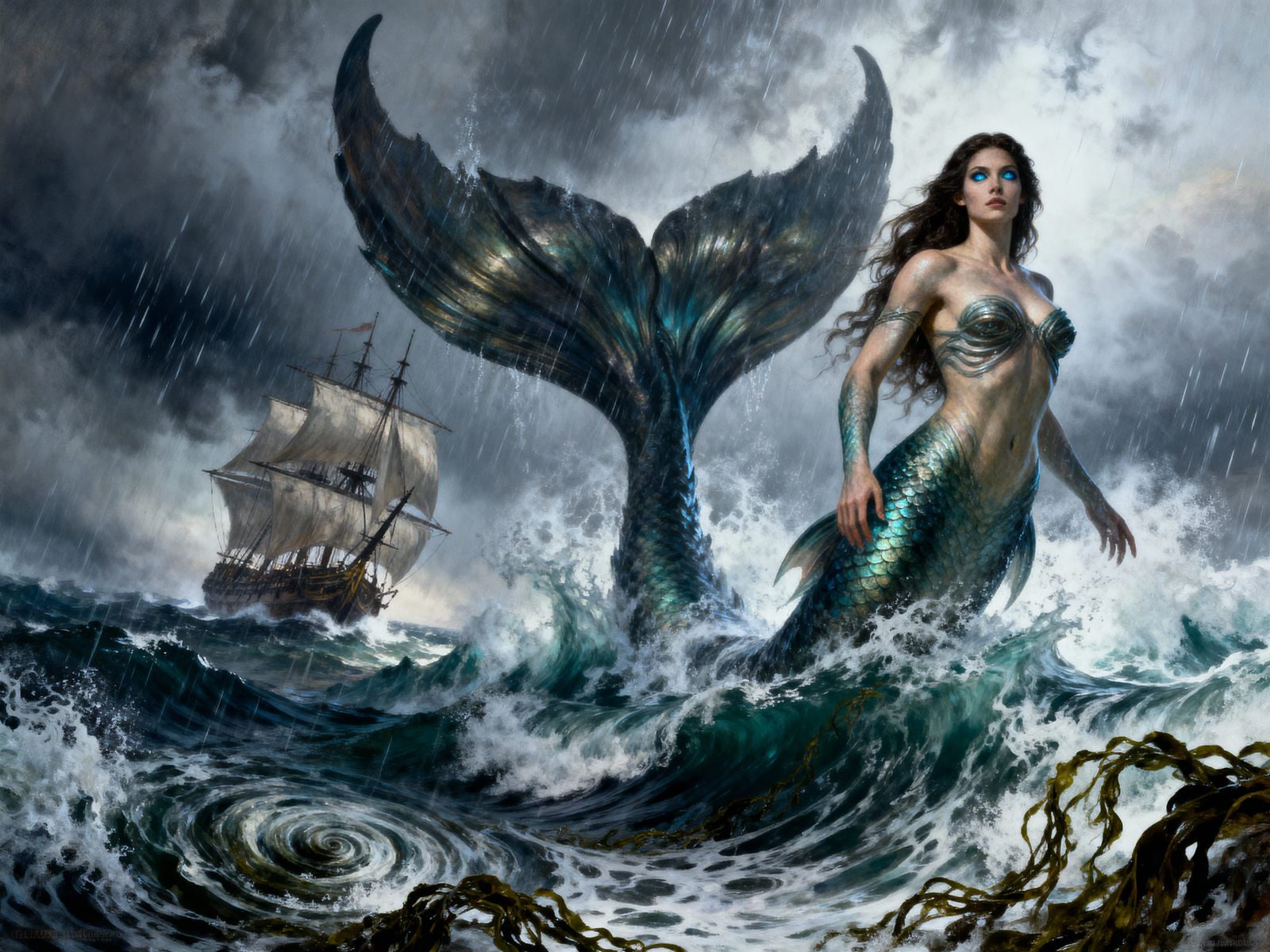 Mermaid Rises from Stormy Sea in Epic Fantasy Style