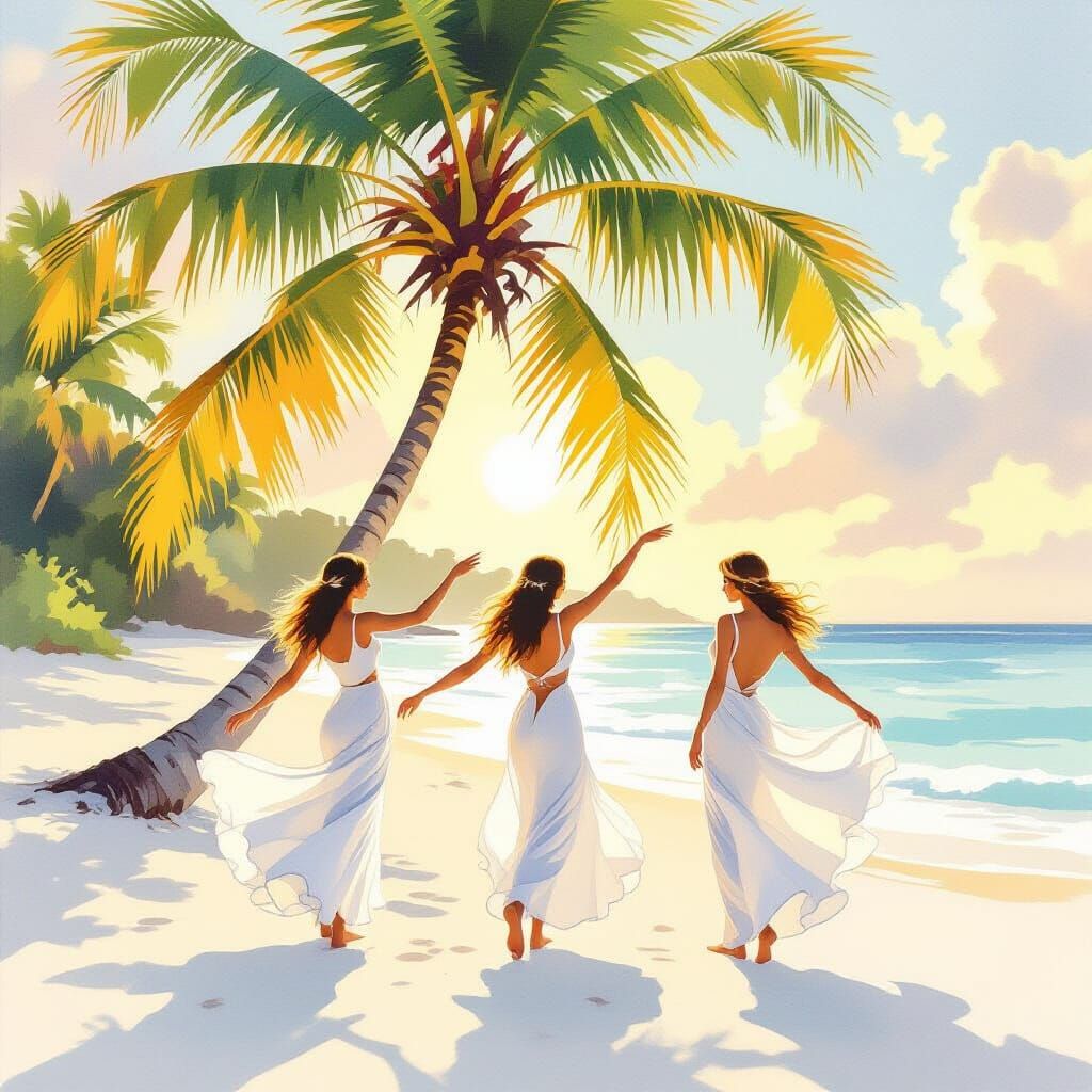 Ethereal Nymphs Dancing by Sunlit Palm Tree