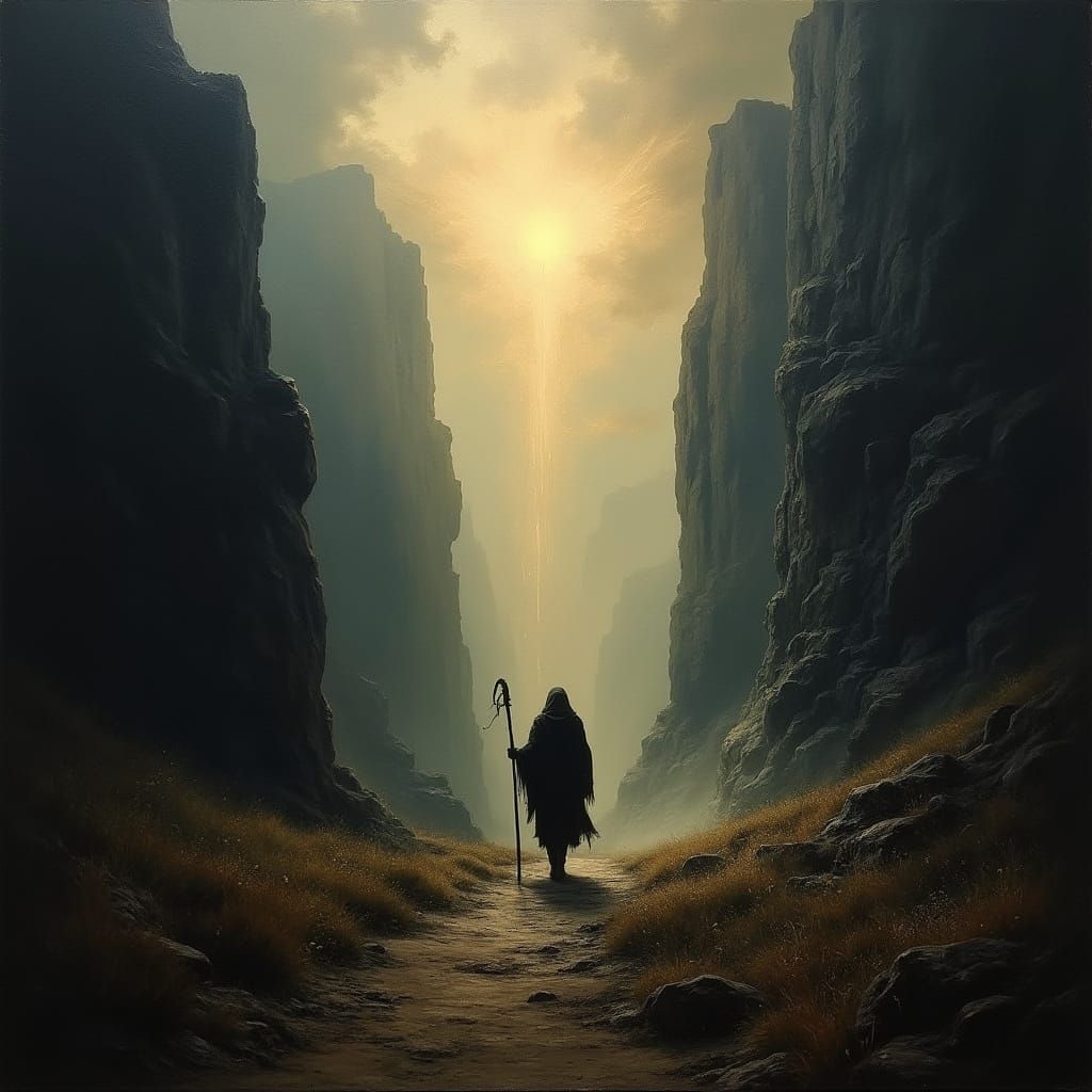 Faithful Figure in Shadowy Valley Painting