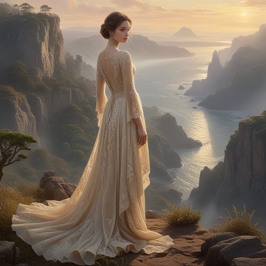 Ethereal Woman Contemplating Horizon in Golden Light