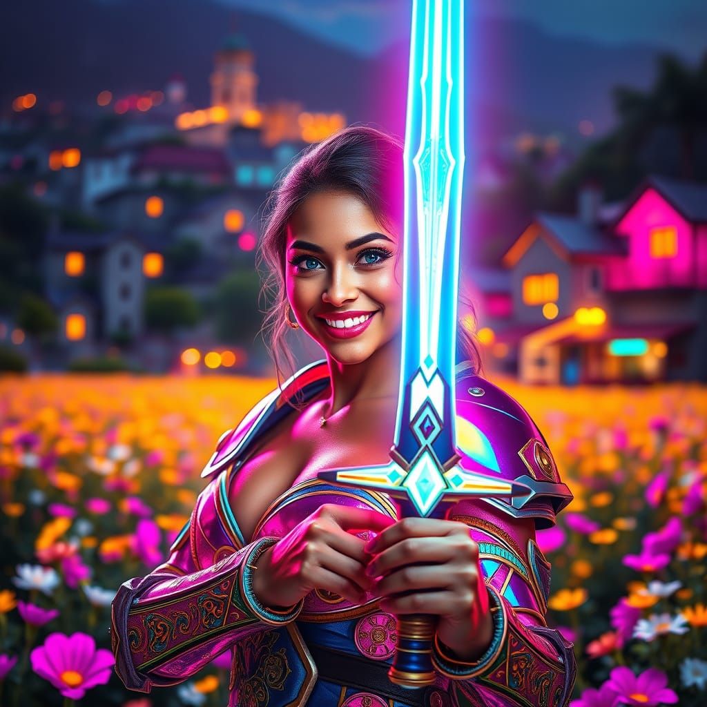 Neon Fantasy Warrior Unveils Radiant Sword
