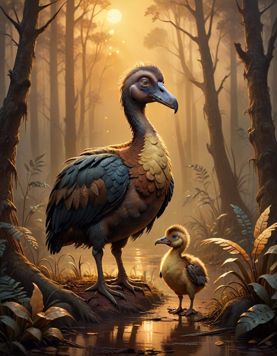 Dodo Bird and Chick in Misty Forest Oil Painting