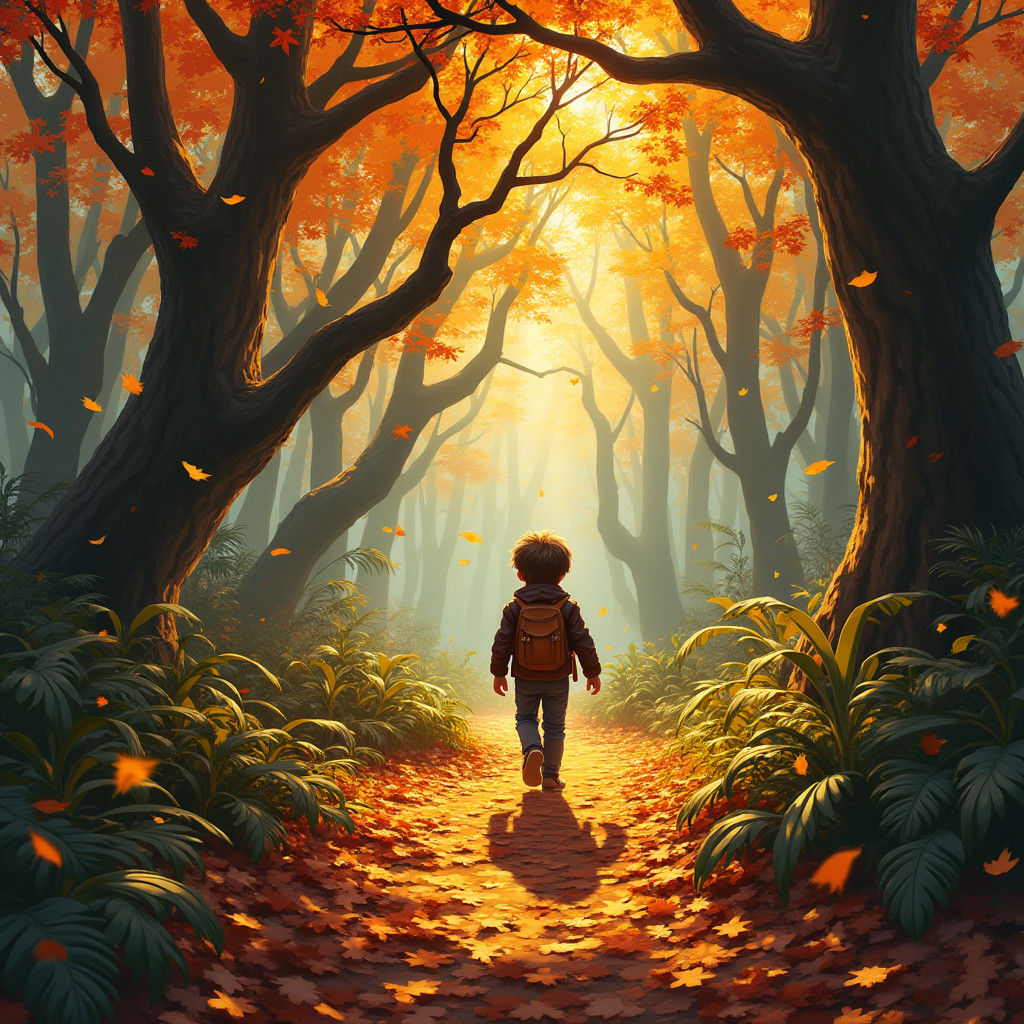 Autumn Jungle Path with Boy and Sketchbook