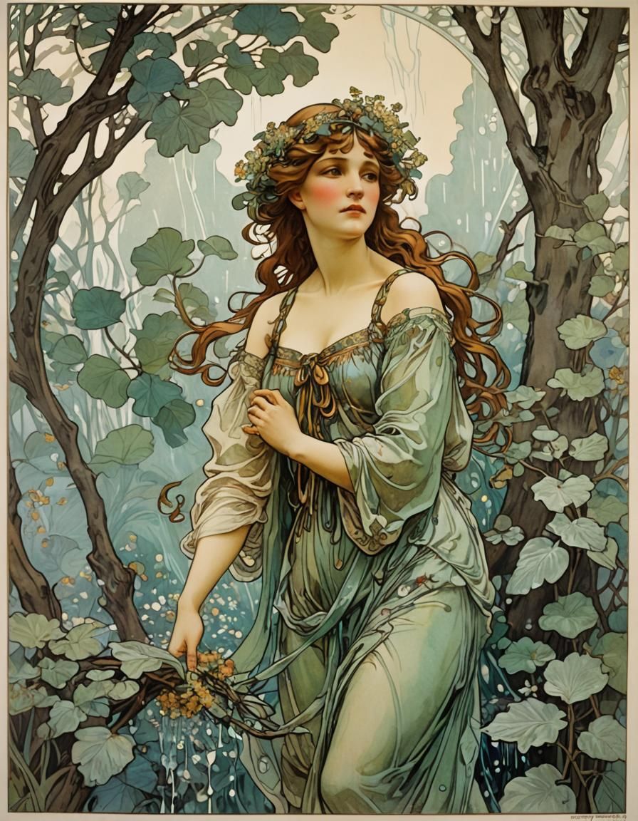 Dryad in Rain: Art Nouveau Lithograph