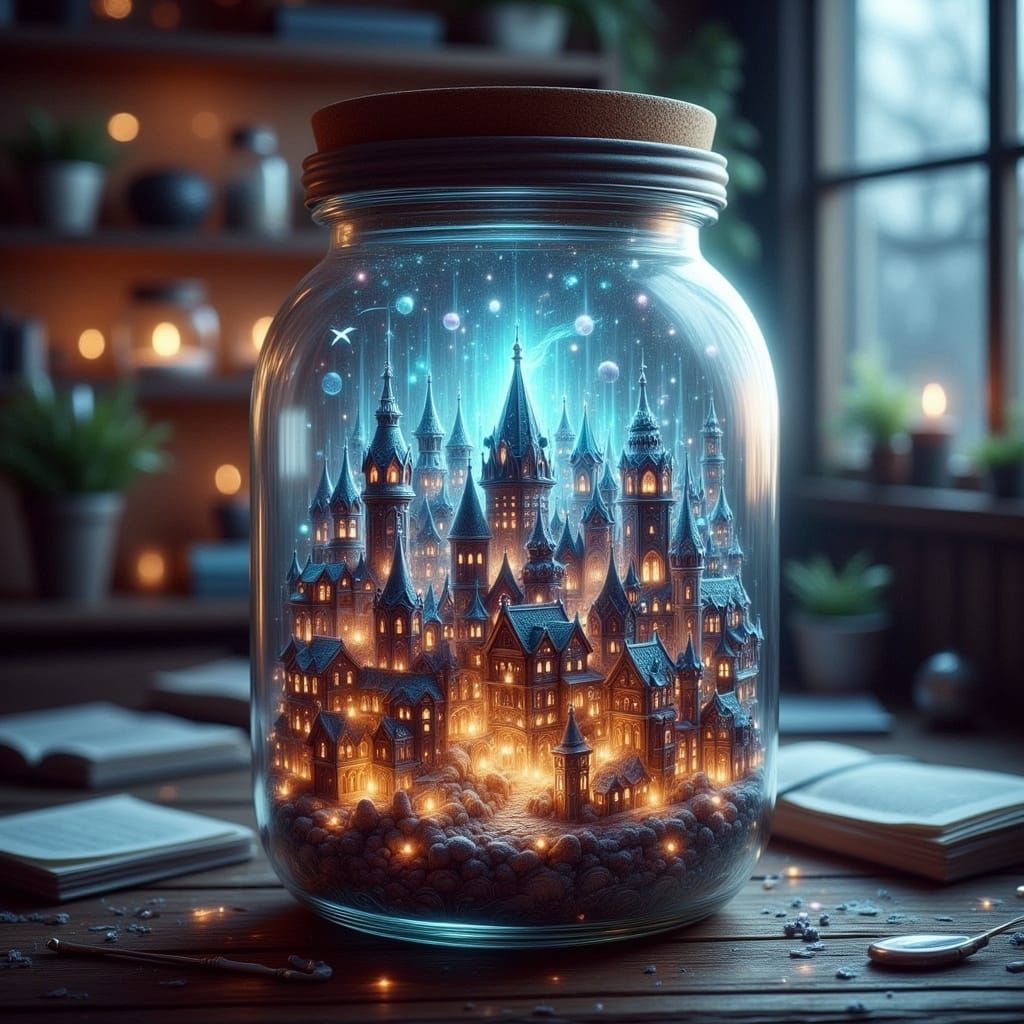 Surreal Kryptonian Cityscape in a Vintage Glass Jar